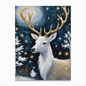Yuletide Stag by Sarah Valentine ~ Blessed Yule Christmas Xmas Greetings Gold and Stars Winter Fae Animals Snow Scene 1 Canvas Print