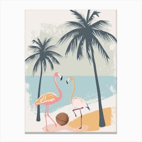 Lesser Flamingo And Coconut Trees Minimalist Illustration 3 Canvas Print