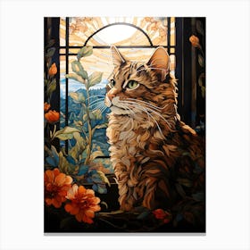 Contemporary Floral Cat On Windowsill 4 Canvas Print