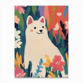 White Dog in the Garden Gouache Painting Canvas Print