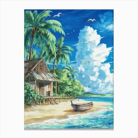 Anime Canvas Art: Tropical Beach with Rustic Hut, Palm Trees, and Ocean Waves, Perfect for Lofi Aesthetic and Relaxing Coastal Decor Fans. Canvas Print