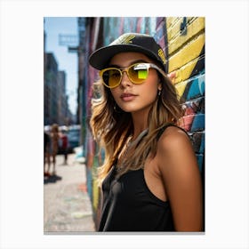 Stylish Girl Wearing A Cap Yellow Sunglasses Posed Casually Against A Graffiti Covered Wall Sunli Canvas Print