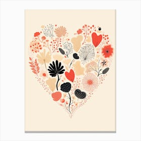 Floral Line Heart Coral Black & Cream Canvas Print