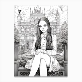 Nevermore Academy With Wednesday Addams Line Art 00 Fan Art Canvas Print