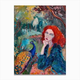 Peacock & Red Haired Woman Brushstroke Canvas Print