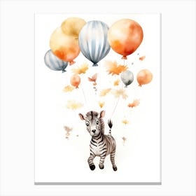 Zebra Flying With Autumn Fall Pumpkins And Balloons Watercolour Nursery 1 Canvas Print