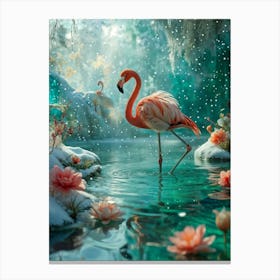 Flamingo Crafted Of Soft Green Plush Appearing To Swim In A Transparent Glass Lake With Snow Gentl Canvas Print