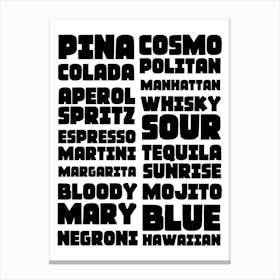 Cocktail Drinks List Typography Black and White Canvas Print