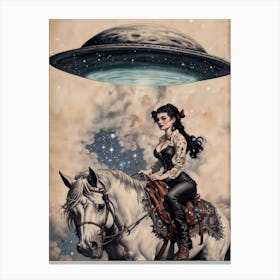 Vintage Gothic Pinup Cowgirl on Her Trusty Horse Awaits Her Alien Cowboy's Arrival Canvas Print