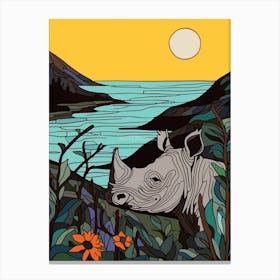 Simple Rhino Illustration By The River 1 Canvas Print