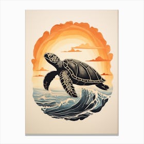Linocut Illustration Style Of Sea Turtle And Sunset Black & Orange 3 Canvas Print