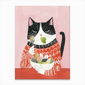 Black And White Cat Eating Salad Folk Illustration 6 Canvas Print
