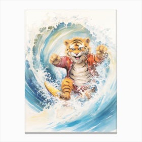 Tiger Illustration Surfing Watercolour 4 Canvas Print