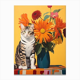 Zinnia Flower Vase And A Cat, A Painting In The Style Of Matisse 0 Canvas Print