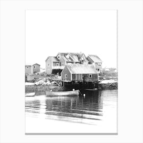 Peggy's Cove Nova Scotia Canada Black And White Minimalist Boho Art Print of a Serene Maritime Scenery in a Fishing Town on the coast of the ocean Canvas Print