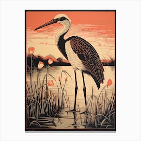Vintage Bird Linocut Stork 4 Canvas Print