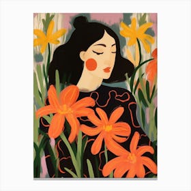 Woman With Autumnal Flowers Gloriosa Lily 1 Canvas Print