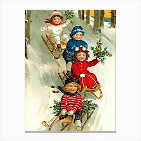 Kids Is Sledding Down A Hill Canvas Print