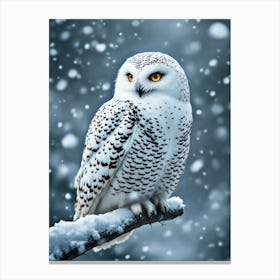 Serene Snowy Owl Perched On A Branch During A Snowstorm, Hyperrealistic Detail Canvas Print