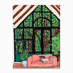 Springer Spaniel Napping On A Pink Couch In A Fantasy Tree House Room Canvas Print