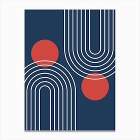 Mid Century Modern Geometric In Navy Blue And Clear Red (Rainbow And Sun Abstract) 01 Canvas Print