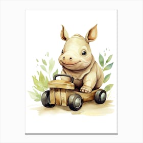 Baby Rhino On A Toy Car, Watercolour Nursery 1 Canvas Print