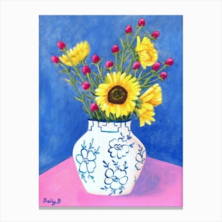 Chinoiserie Sunflower On Pink Table Canvas Print