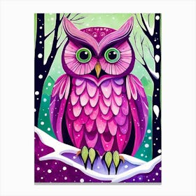 Pink Owl Snowy Landscape Painting (120) Canvas Print