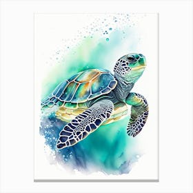 Sea Turtle In Deep Ocean, Sea Turtle Watercolour 1 Canvas Print