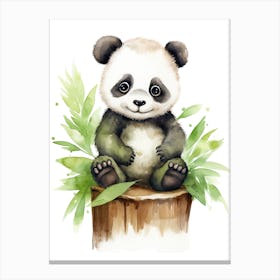 Baby Panda On A Toy Car, Watercolour Nursery 3 Canvas Print