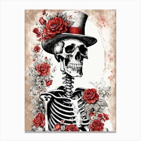 Floral Skeleton With Hat Ink Painting (6) Canvas Print
