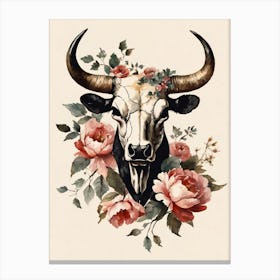 Vintage Boho Bull Skull Flowers Painting (11) Canvas Print