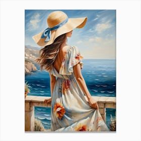 Woman in summer dress looking at the sea 20 Canvas Print