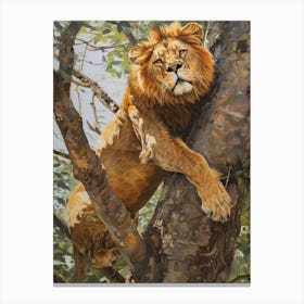 African Lion Climbing A Tree Acrylic Painting 3 Canvas Print