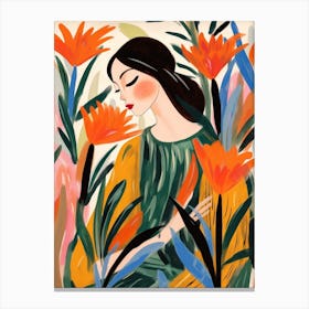 Woman With Autumnal Flowers Bird Of Paradise 1 Canvas Print