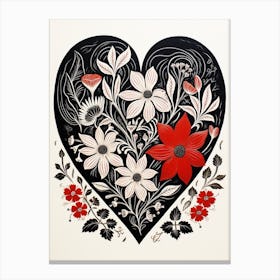 Traditional Linocut Style Heart Floral Canvas Print