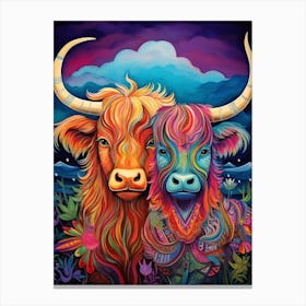 Two Highland Cows At Night Colourful Illustration Canvas Print