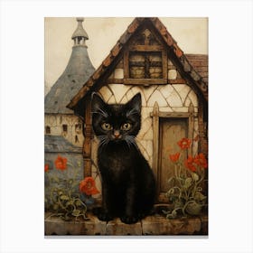 Cute Cats With A Medieval Cottage In The Background 9 Canvas Print