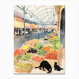 Food Market With Cats In London 3 Watercolour Canvas Print