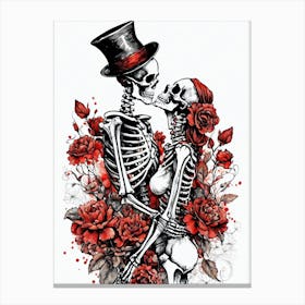 Floral Abstract Kissing Skeleton Lovers Ink Painting (10) Canvas Print