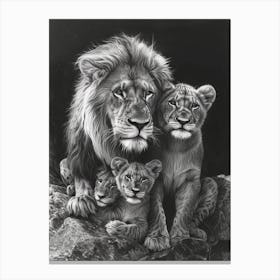 African Lion Charcoal Drawing Family Bonding 1 Canvas Print