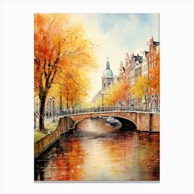 Amsterdam, Netherlands In Autumn Fall, Watercolour 4 Canvas Print