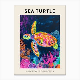 Neon Underwater Sea Turtle Poster 3 Canvas Print