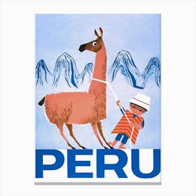 Llama and Boy, Peru Vintage Travel Poster Canvas Print