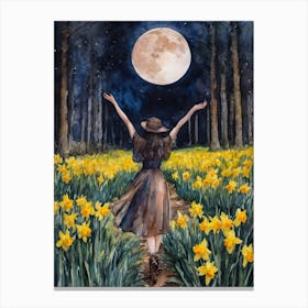 Moon Bathing - Pagan Witch Spring Goddess Worship Ostara Daffodil Woods Full Moon Forest - Original Fairytale Watercolour Artwork by Lyra the Lavender Witch - Cottagecore Witchcore Supermoon Magick Wheel of the Year Canvas Print
