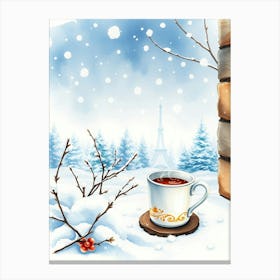 Winter Scene With Cup Of Coffee Canvas Print