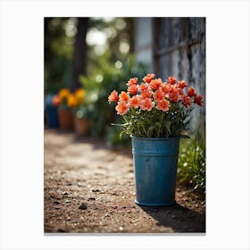 Flowers In A Blue Bucket Canvas Print