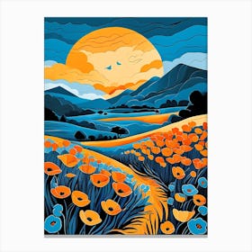 Cartoon Poppy Field Landscape Illustration (1) Canvas Print