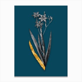 Vintage Blackberry Lily Black and White Gold Leaf Floral Art on Teal Blue n.0384 Canvas Print