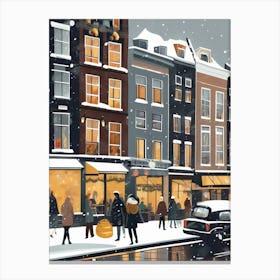 Amsterdam cafes, winter season, Christmas, autumn oil colors, pale colors, pedestrians in the street, winter clothes, falling snow.12 1 Lienzo